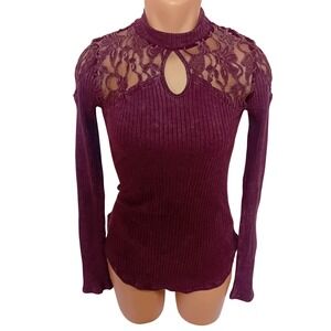 Free People Burgundy Ribbed Lace Mock Neck Keyhole Long Sleeve Top Work Cozy S